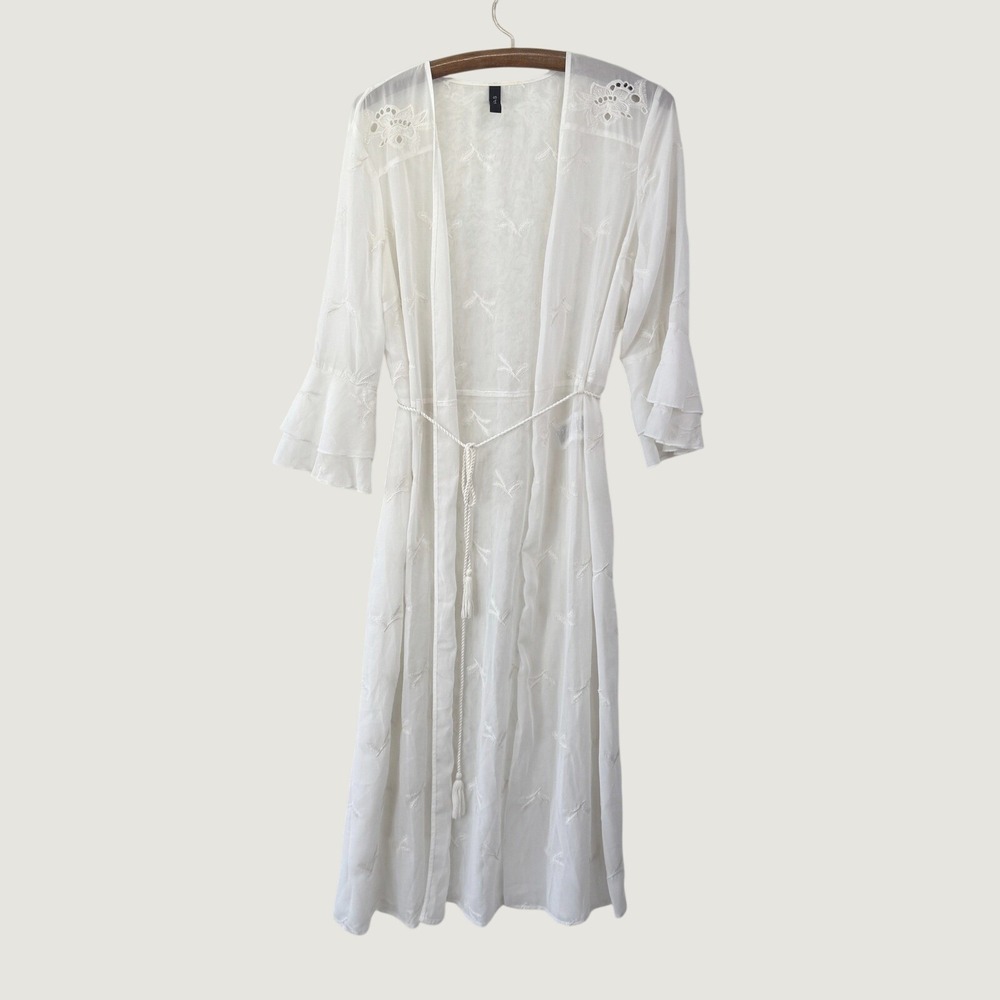 Y.A.S Embroidered Sheer‎ Maxi Kimono White Boho Cottagecore Ethereal Robe Size L